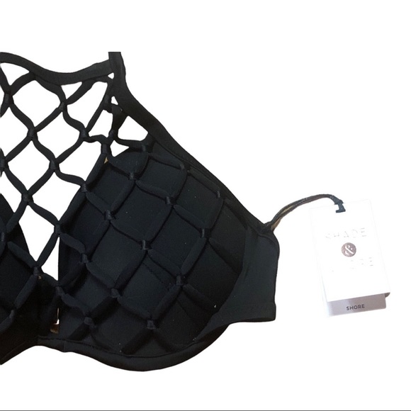 Shade & Shore Black Bikini Top Halter Tie Mesh Like Neckline Size 34C NWT - Picture 6 of 10